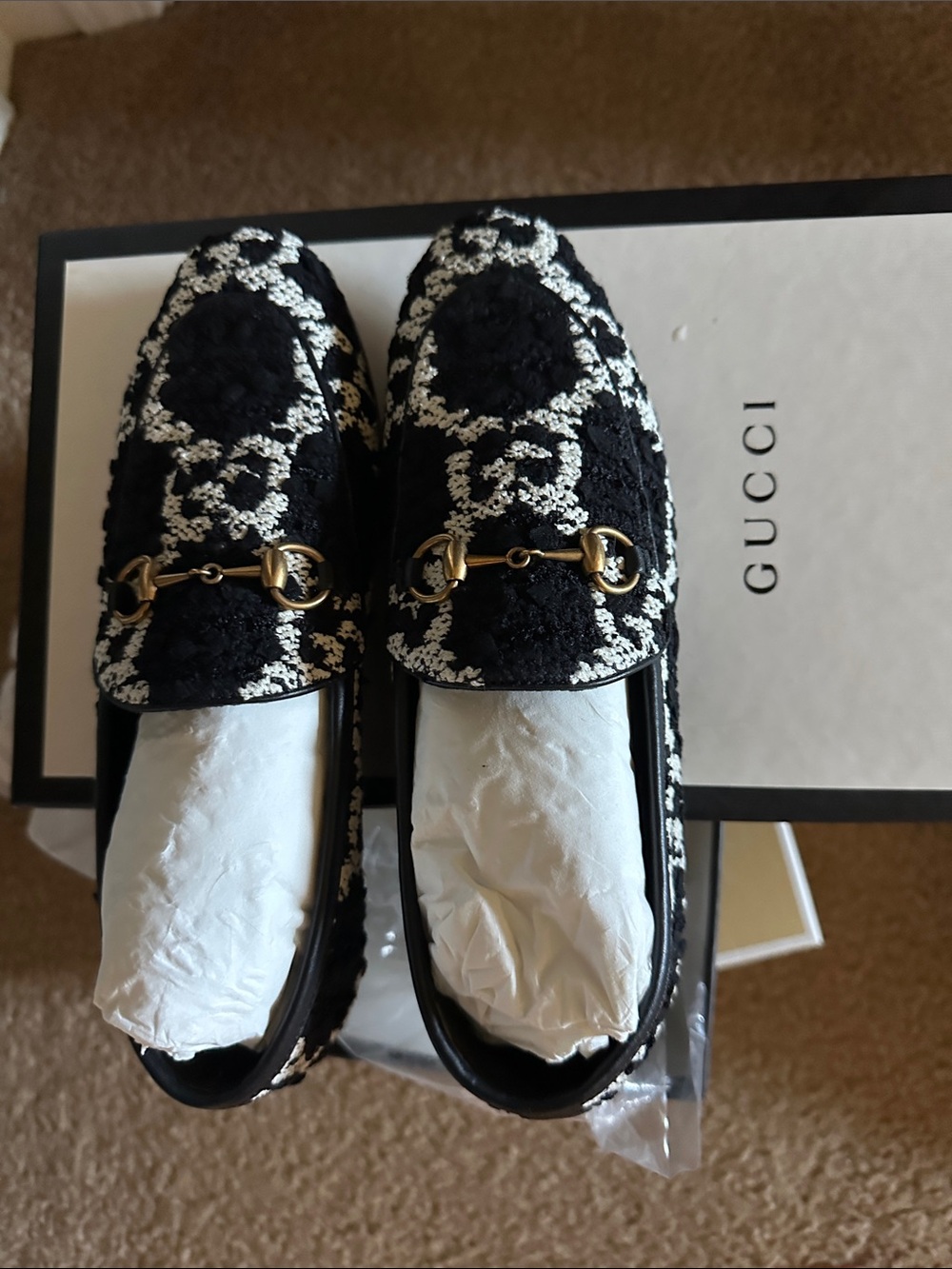 Gucci Black & White Embroidered Horsebit Loafers